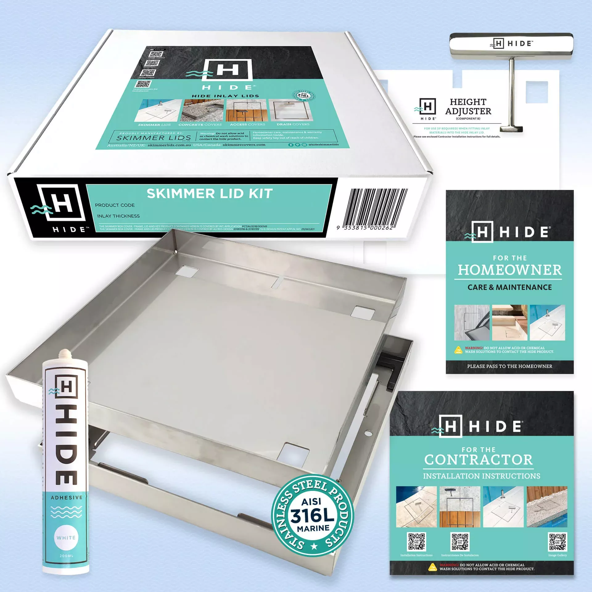 Hide 12" Pool Deck Skimmer Lid Kit, 1-3/8" to 1-5/8" Material Depth, HSL12-1.6